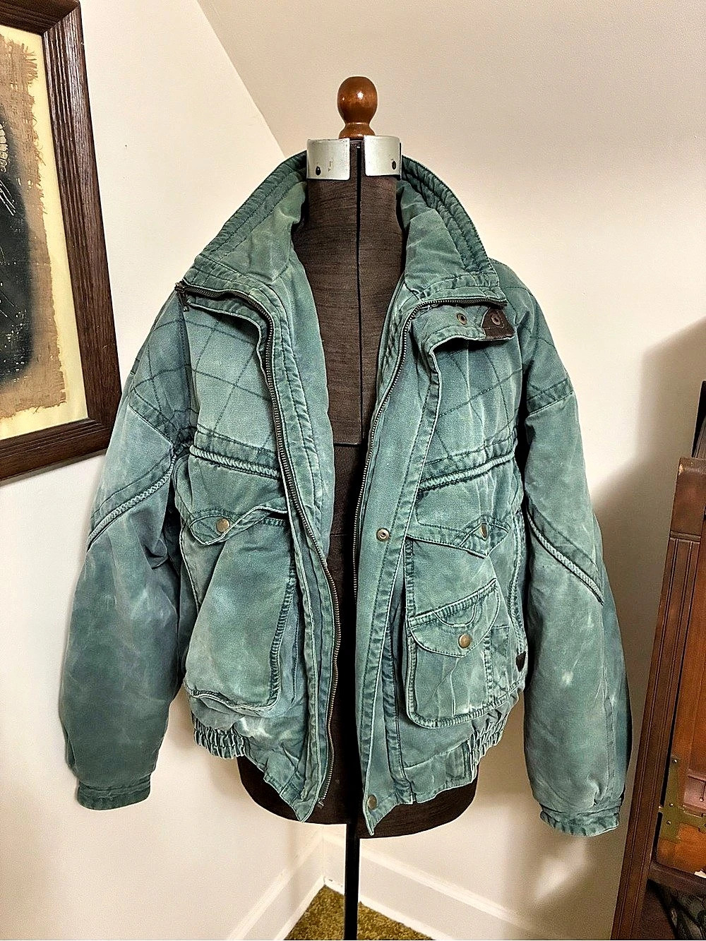 Vintage Weekends Quilted Utility Puffer Jacket in Washed Green
